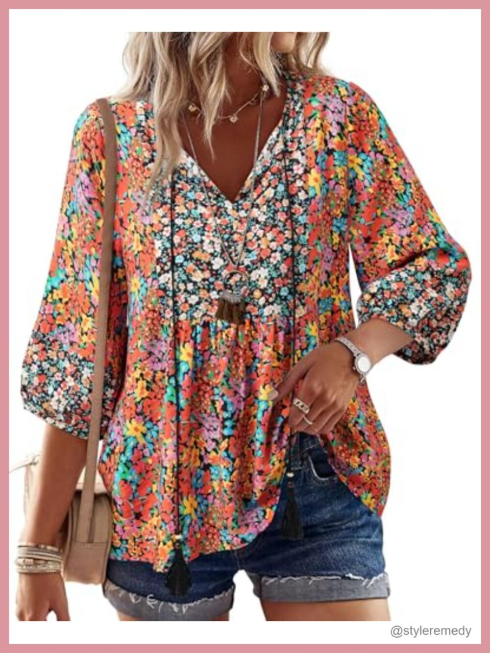 Women's Boho Babydoll Peplum Tunic Top 3/4 Sleeve V-Neck Tie Front Blouse